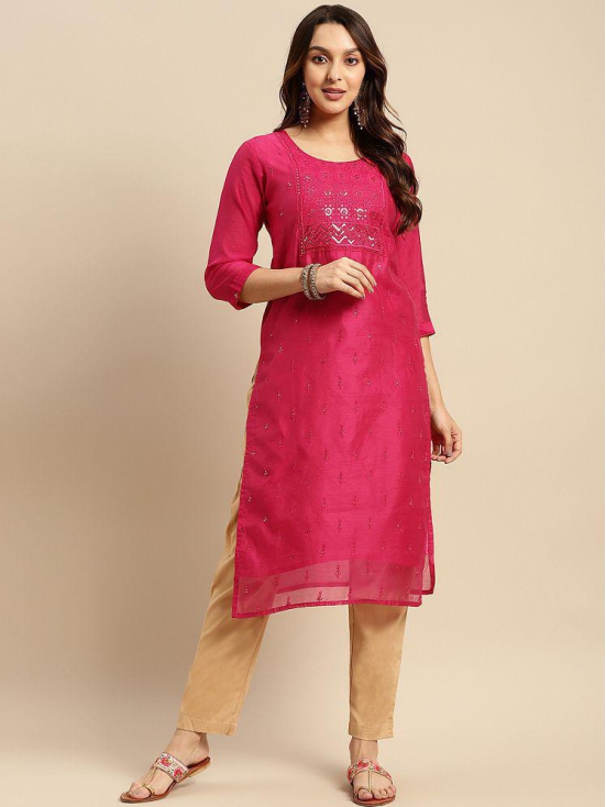 Rangita Women Chanderi Pink Sequin Yoke Embellished Calf Length Straight Kurti - None