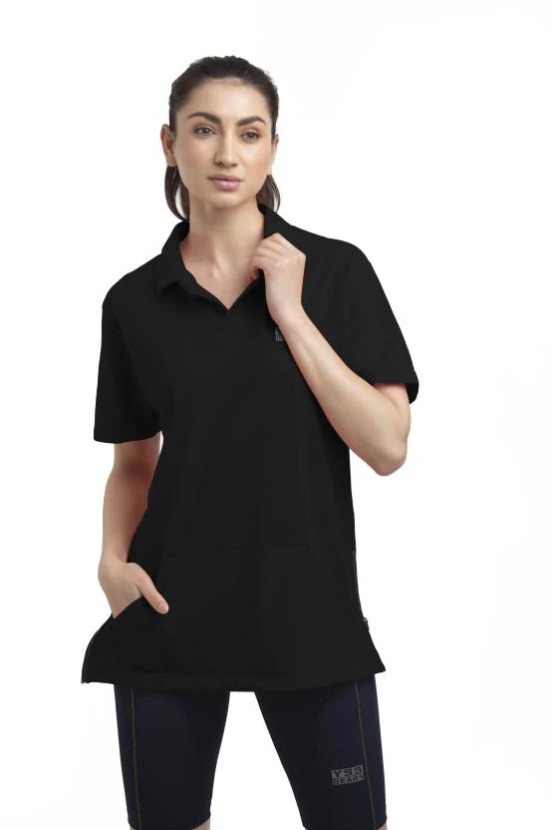 Women Solid Polo Neck Polyester Black T-Shirt