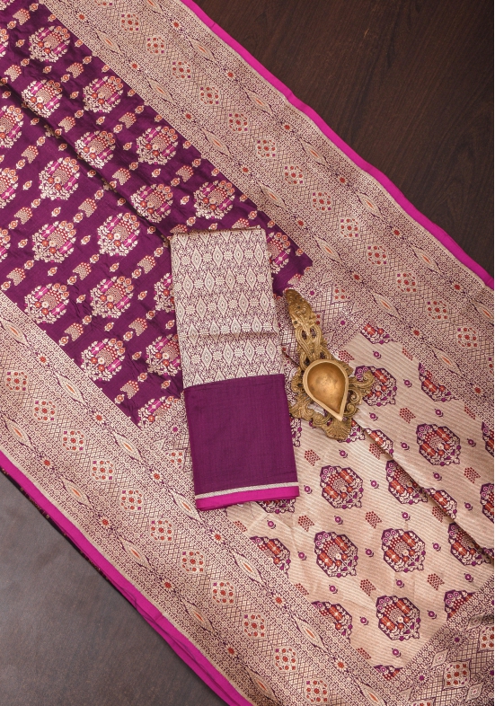 Unique Aubergine Intricate Banarasi Katan silk saree with Meenakari Jaal  | SILK MARK CERTIFIED