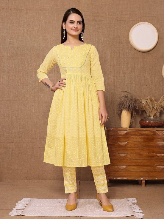 Rangita Women Cotton Yellow Sequined Calf Length Anarkali Kurti With Pants - None