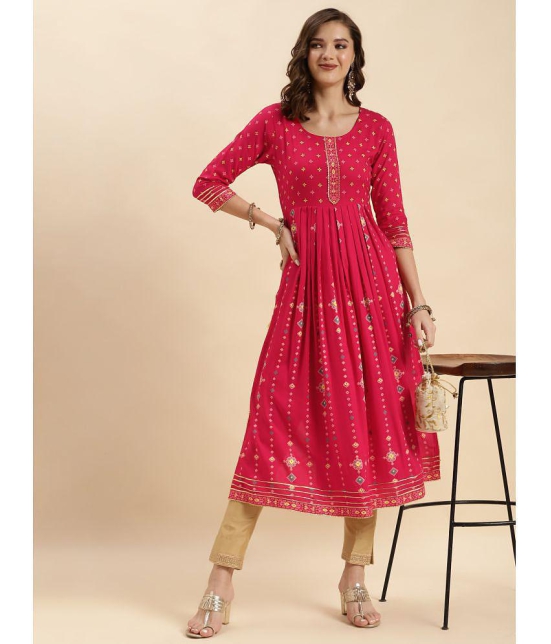 Rangita Women Pink Rayon Printed Calf Length Nayra Kurti - None