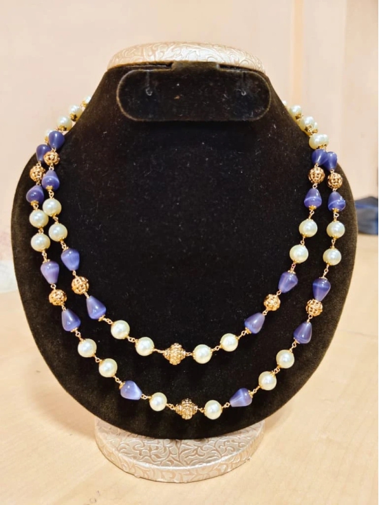  2 Layer Pearl and Blue Stone Necklace with Gold Plated Beads