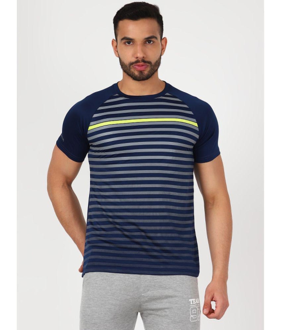 FITMonkey Men Regular Fit Quick Dry Sports Round Neck Half Sleeves Striped T Shirt-Navy - None