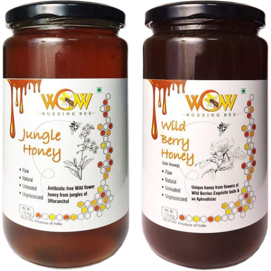 WOW BUZZING BEE - Raw Natural Unprocessed Forest Flower Honey 100% Natural Ayurvedic Remedy for Weight Loss,Cough and Digestive Disorders (Jungle + Wild Berry ( 1Kg x 2)
