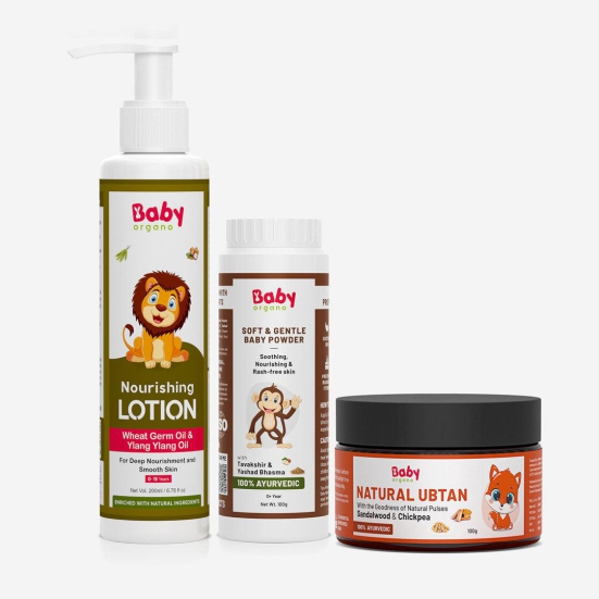 BabyOrgano Total Skin Care Combo | Natural Ubtan (100g) + Nourishing Baby Lotion (200ml) + Soft & Gentle Baby Powder (100g) | Safe for babies