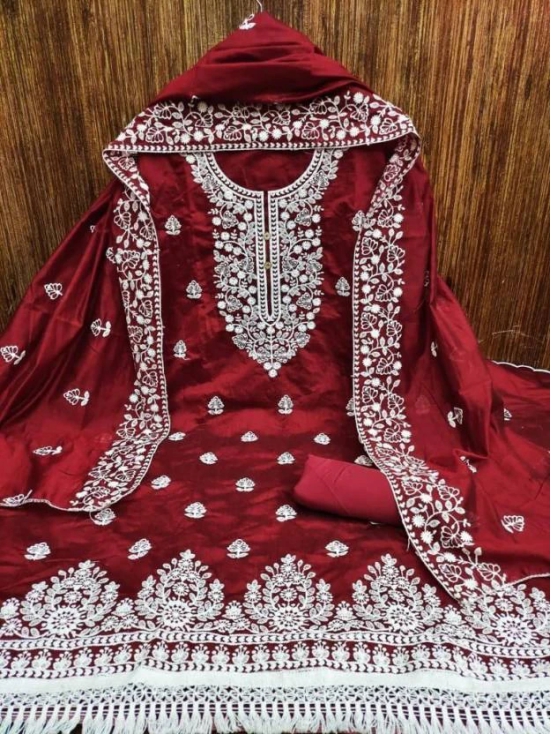 Unstitched Chanderi Salwar Suit Material Embroidered