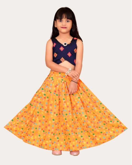 Girls & Kids Rayon Printed With Embroidered Blouse Lehenga Choli Set-Yellow / 5 Years-6 Years