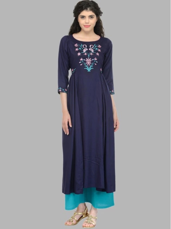 Women Navy Blue & Pink Floral Yoke Design Thread Work Anarkali Kurta