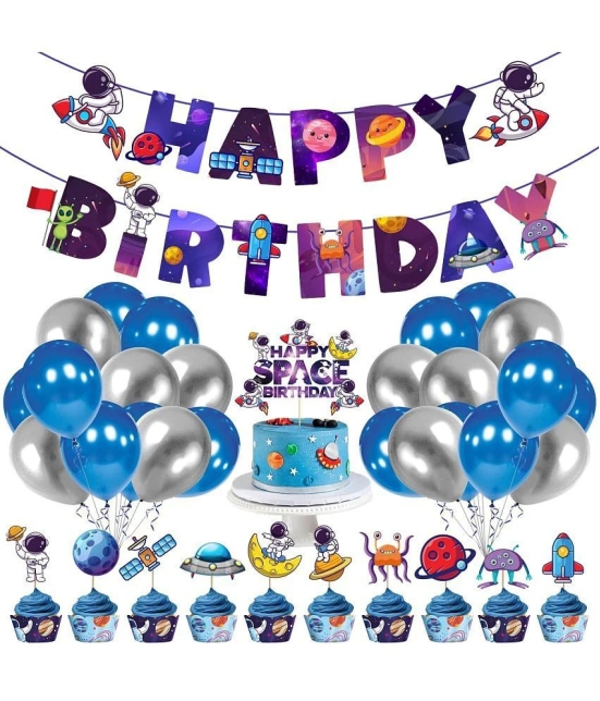 Zyozi Space Kids Space Birthday Party Decoration - Blue Astronaut Spaceship Theme Happy Birthday Banner Hanging Solar System Spiral Planet Card Childrens Gifts Cake Insert Supplies Set - Ass