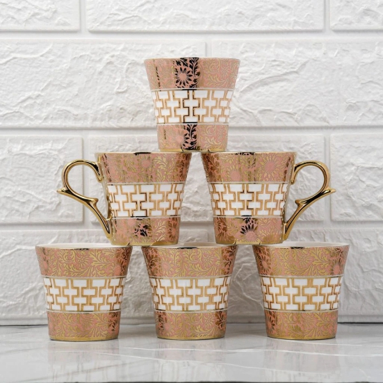 Femora Golden Daisy Finish Ceramic Tea Cups, Coffee Mugs (160 ml, Golden) - 6 Pcs Set