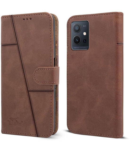 NBOX - Brown Flip Cover Artificial Leather Compatible For Vivo Y75 ( Pack of 1 ) - Brown