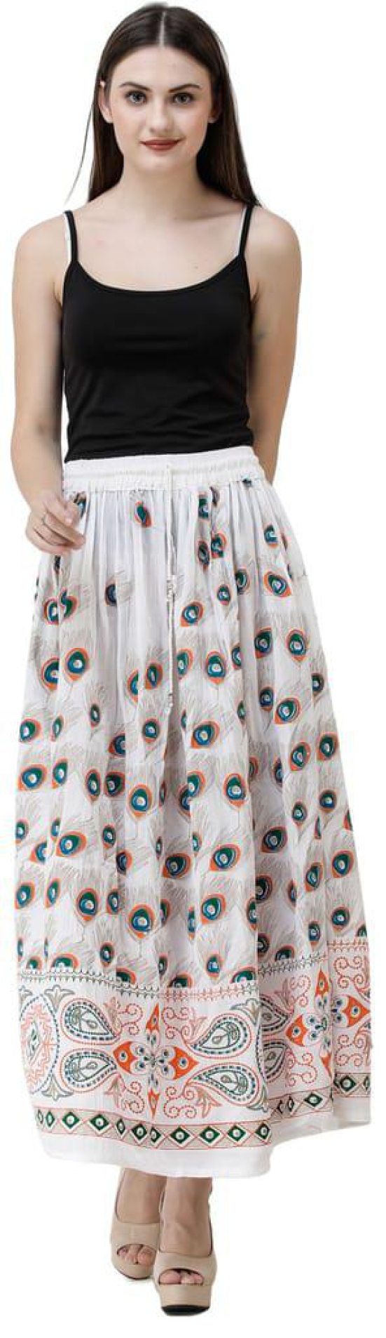 Snow-White Long Skirt with Printed Peacock Feathers