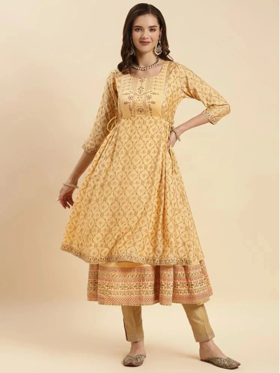 Rangita Women Yellow Silk Printed Calf Length Double Layered Kurti - None