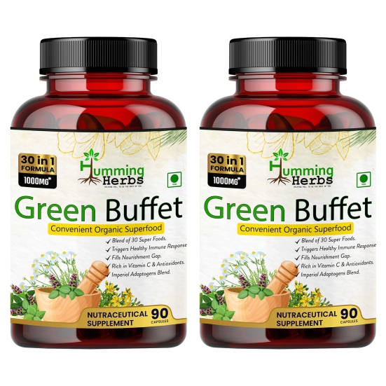 Humming Herbs Green buffet Capsules 500mg | 90 Capsules| Blends of 30 Super like Quercetine Cordyceps Spirulina alfalfa Ashwgandha seabuck thorn Acai berry Goji Berry and milk thistle - Pack of 2