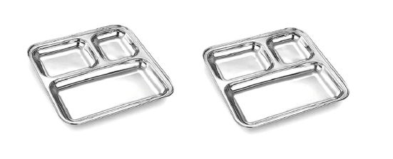 DYNAMIC STORE Dynore Stainless Steel 3 in 1 Pav Bhaji/ Partition Plate/ Snacks Plate- Set of 2