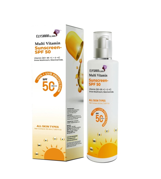 Multi Vitamin Sunscreen (SPF-50+UVA+UVB)  Enriched with vitamin (B3+B6+C+D+E ) Snow Mushroom, Niacinamide.