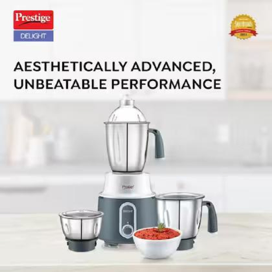 Prestige Delight 750 W Mixer Grinder, 3 Stainless Steel Jars (1500 ml, 1000 ml, 300 ml) (Charcoal Grey)