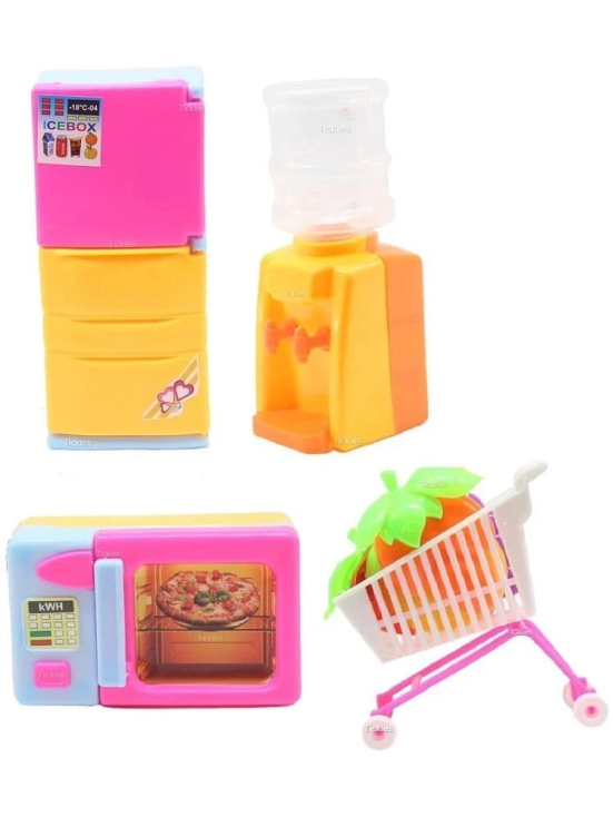 THRIFTKART - Princess Kitchen set 4 Pieces Mechanical Playset with Fridge Microwave Water Dispenser Shopping Trolley for Kids Girls Indoor Games (Not Battery Operated) (Color: Pink & Yellow)