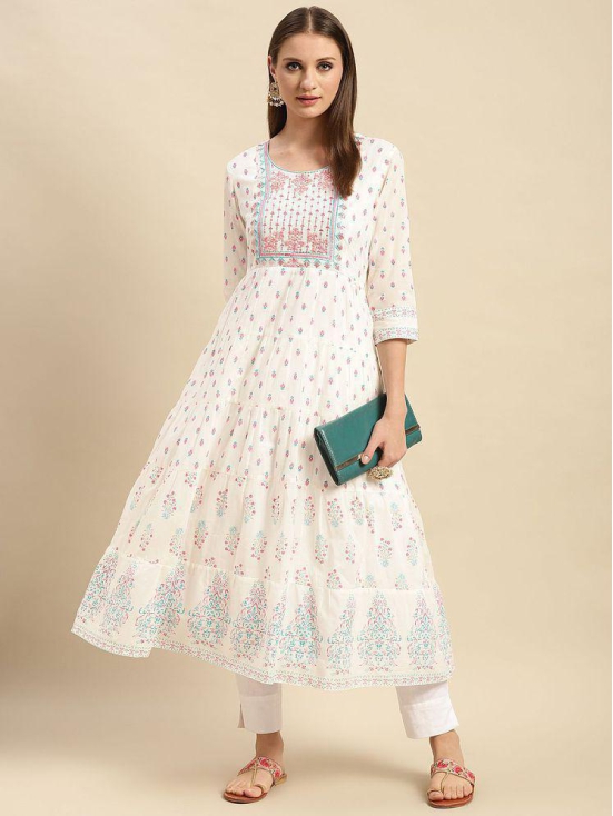 Rangita Women Cotton Textured Off White Yoke Embroidered Printed Calf Length Anarkali Kurti - None