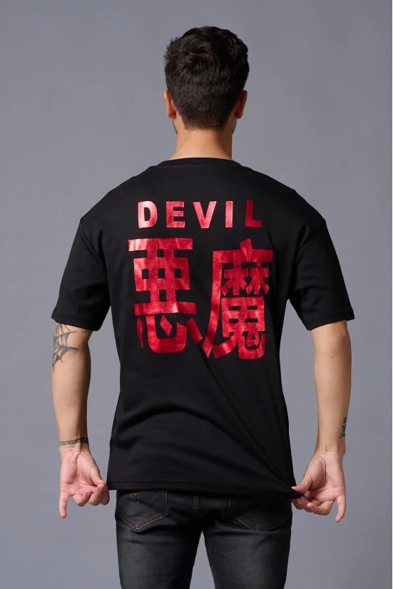 Chinese Devil in Red Foil Print Black Oversized T-Shirt for Men M