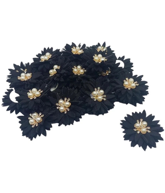 PRANSUNITA Stone & Beads Studded Stem Less Fabric Flowers for Broches, Dresses, Fancy Gift Packaging, Valentine, Radha Krishna & Baby Shower, Handmade- Size-5 cm - Pack of 6 pcs Color- (Blac