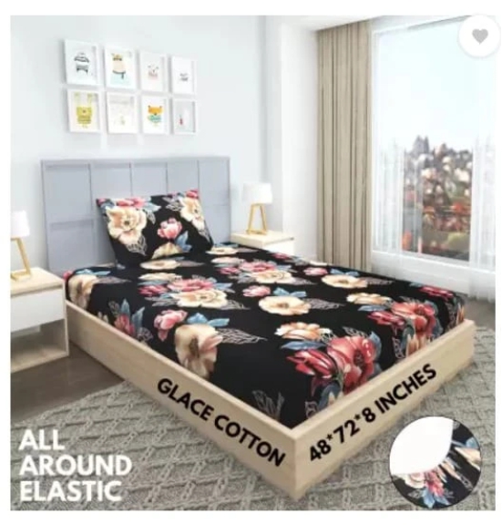 Glace Cotton Double Bedsheet with 2 Pillow Covers, All Around Elastic, Floral Print, Black, 48 x 72 Inches