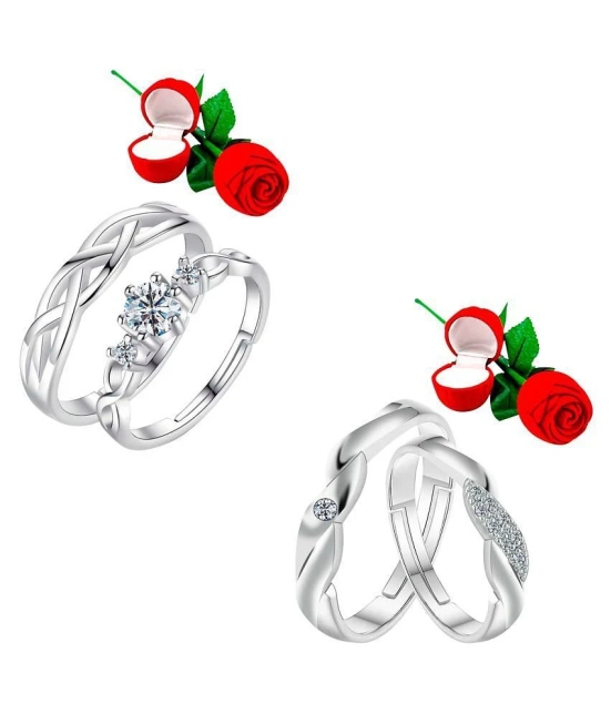 Silver Shine Adjustable Party Wear 2 Pair of Couple Rings Set With 2 Piece Red Rose Gift Box for lovers - None