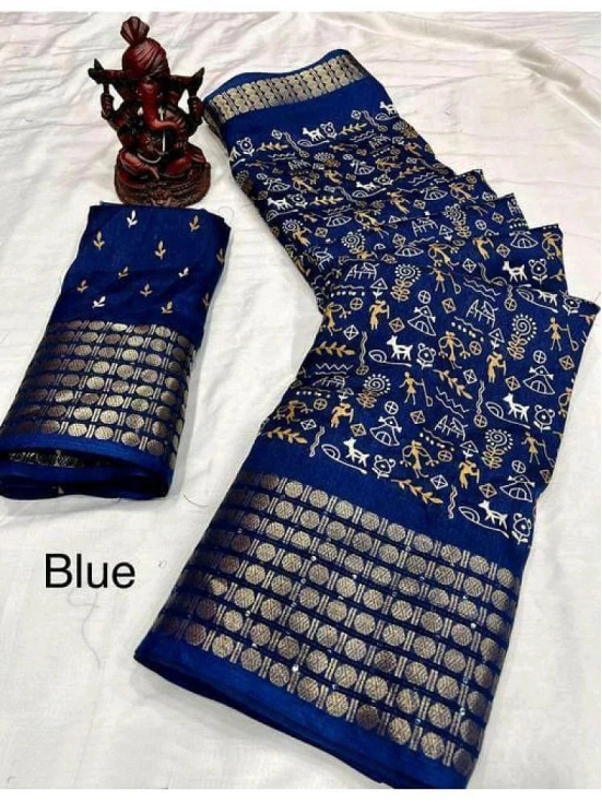 Bhuwal Fashion Art Silk Printed Saree With Blouse Piece - Blue ( Pack of 1 ) - Blue