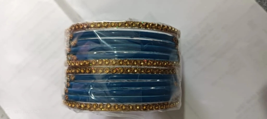 Set of 8 Glass Bangles with Rhinestone Accents - Blue