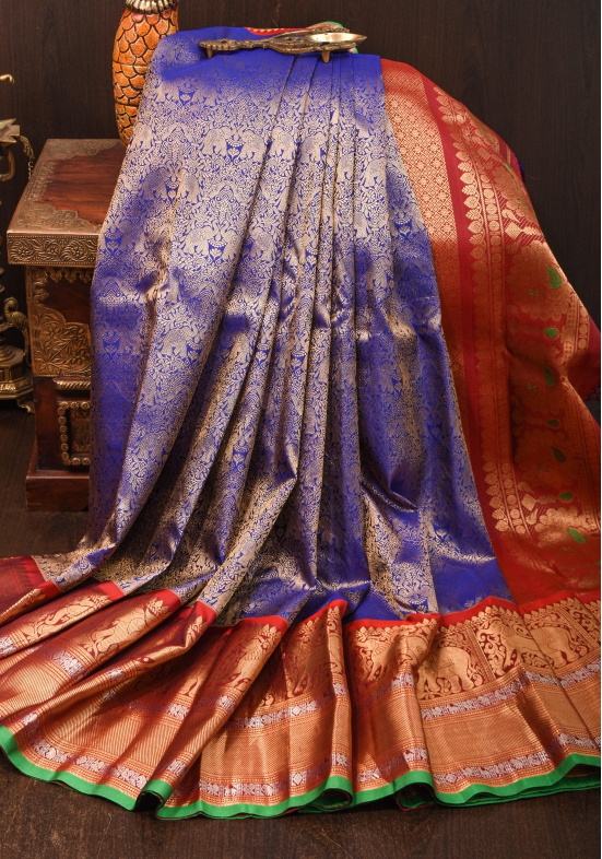 Exquisite Twin Elephant Brocade Gadwal Silk Saree in Blue with Meenakari Border and Grand Zari Pallu | SILK MARK CERTIFIED