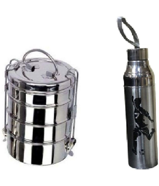 Dynore set of Tiffin & Water Bottle Silver 1000 mL Stainless Steel Water Bottle set of 2 - Silver