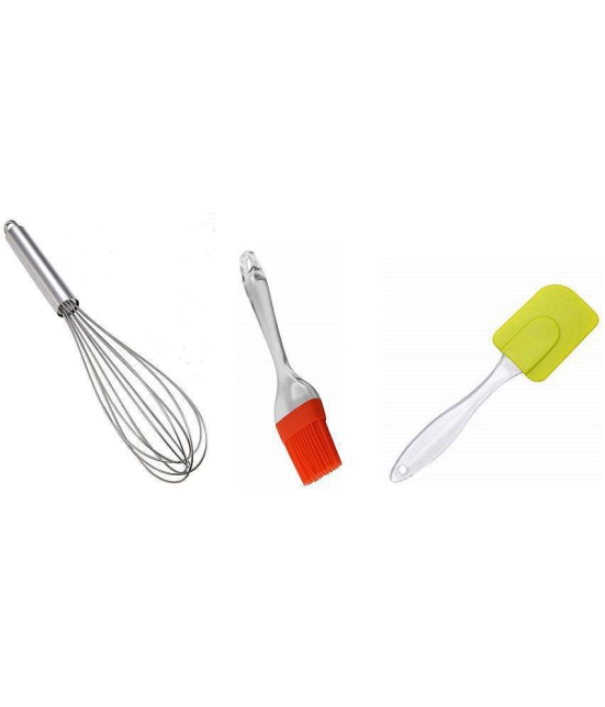 Dynore - Silver Stainless Steel New Whisk, Oil Brush, Spatula ( Set of 3 ) - Silver