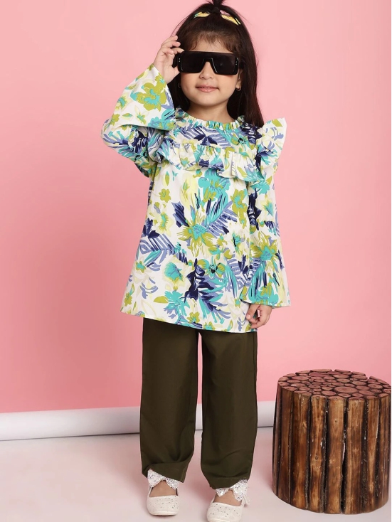 MINI & MING Girls Floral Printed Round Neck Bell Sleeves Pleated A-Line Top