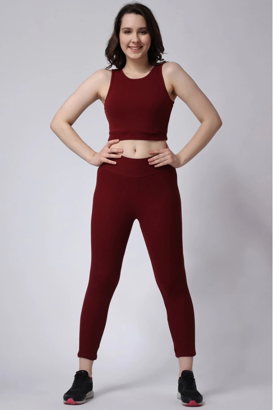 Womens Maroon Gym Co-Ord Set Leggings & Sleeveless Crop Top-S / Maroon