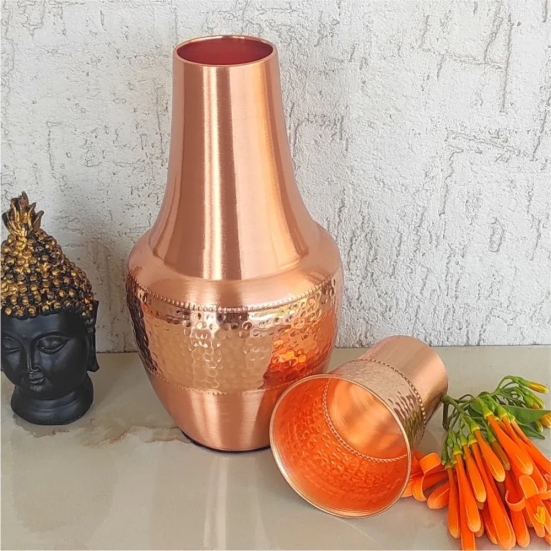 LaCoppera Copper Hammered Vintage 1000 ML Carafe - La034 | Bedroom Flask with a Built-in Glass | 1 Pc