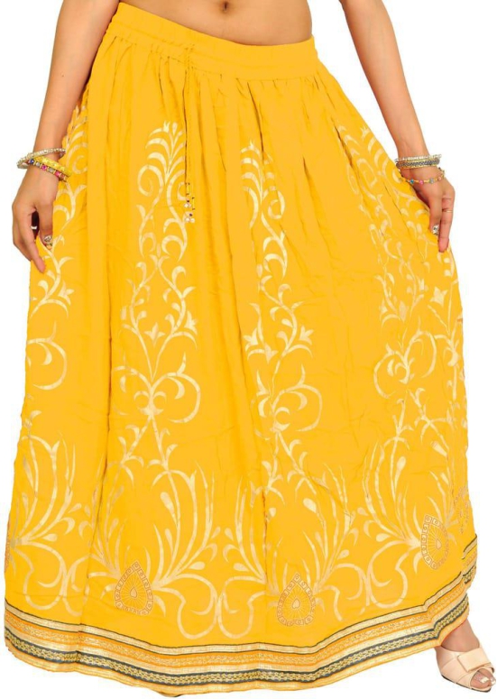 Daffodil Printed Long Skirt with Embellished Patch Border