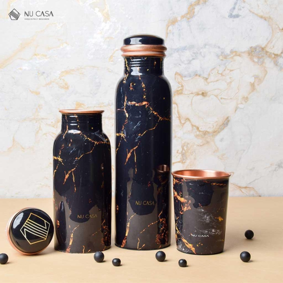 Black Gold Marble Print Copper Bottle with a set of 2 Glasses