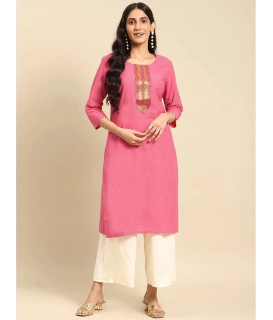 Rangita Women 100% Cotton Pink Zari Tape Placket Knee Length Straight Kurti - None