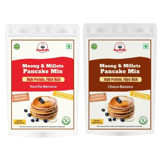 foodfrillz Millet Pancake Mix Combo - Vanilla & Chocolate (200 g x 2) High Protein & Fibre rich No Maida No refined Sugar made with Sprouted Moong beans & Jaggery