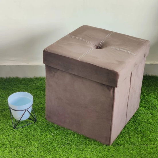 Solid Velvet Foldable Storage Box Cum Stool-Beige