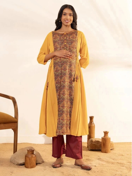 Janasya Crepe Printed Flared Womens Kurti - Mustard ( Pack of 1 ) - None