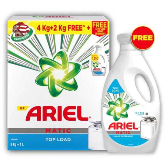 Ariel Matic Laundry Detergent Powder - Top Load, 6 Kg, Get 1 L Matic Liquid Free