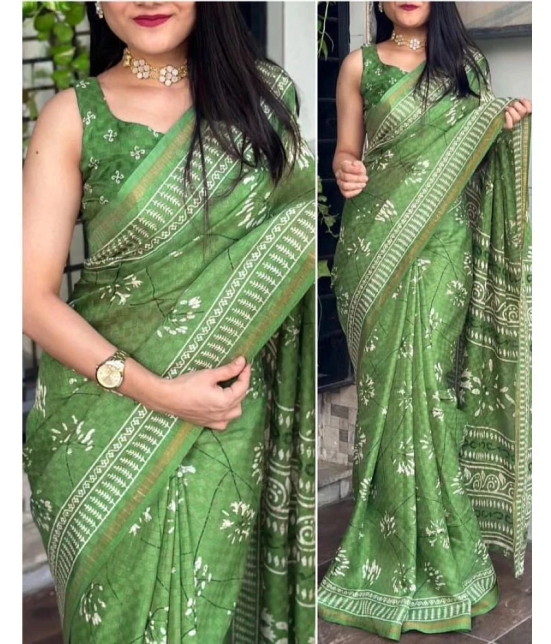 Bhuwal Fashion Jute Printed Saree With Blouse Piece - Green ( Pack of 1 ) - Green