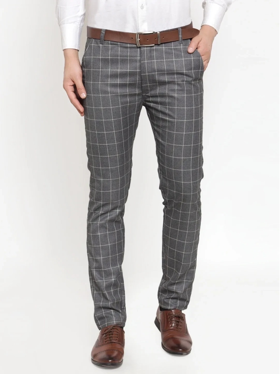 Indian Needle Men's Grey Checked Formal Trousers-30 / Grey