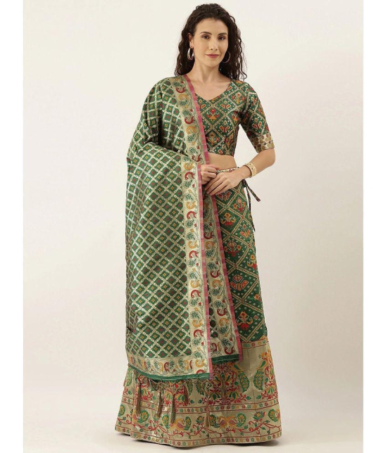 Om Shantam Sarees Green Banarasi Silk Chaniya Choli Semi Stitched Lehenga Single - Free Size