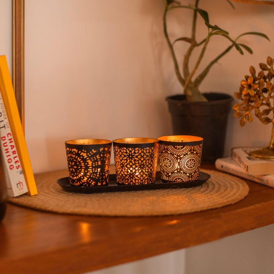 Jaali Metal Votives with Tray