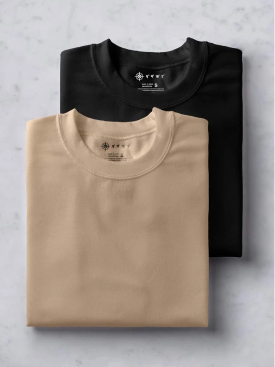 Black & Beige Half Sleeve Round Neck Cotton Plain Regular Fit Pack of 2 combo T-Shirt for men by Ghumakkad