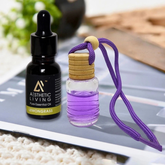 Aesthetic Living Car Aromatizer/ Diffuser Bottle with Essential Oil (Multi Shape Transparent Shape-10 ml+ Lemongrass Essential Oil, 15 ml)