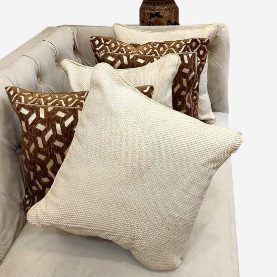 Cream Brown Damask Geometric Woven Zipper Square Combo Set Cushion Covers (16x16 inch or 40 x 40 cm) Set of 5