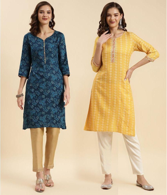 Rangita Rayon Printed Straight Womens Kurti - Blue & Yellow ( Pack of 2 ) - None